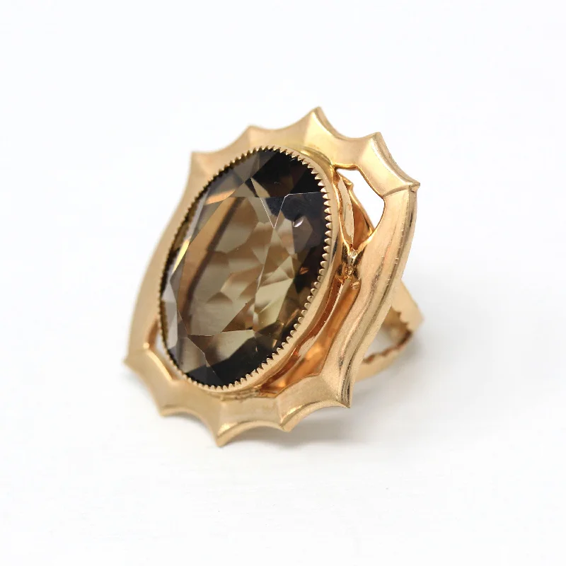 Smoky Quartz Ring - Retro 12k Gold Filled Oval Faceted 23.65 CT Gem - Vintage Circa 1970s Era Size 4 Adjustable Statement Cocktail Jewelry