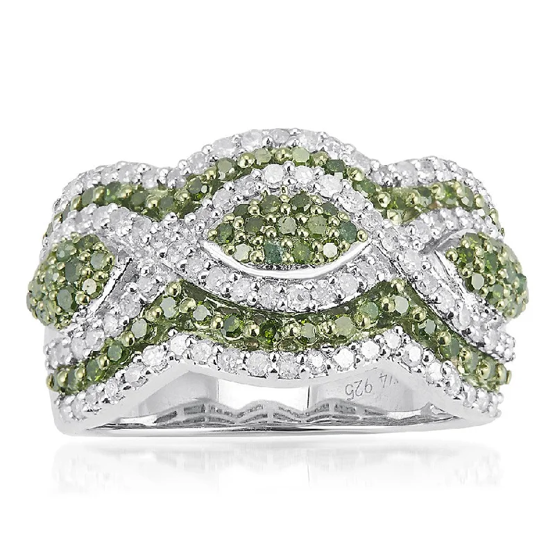 Sterling Silver 1 1/4ct TDW Green and White Diamond Multi Row Ring