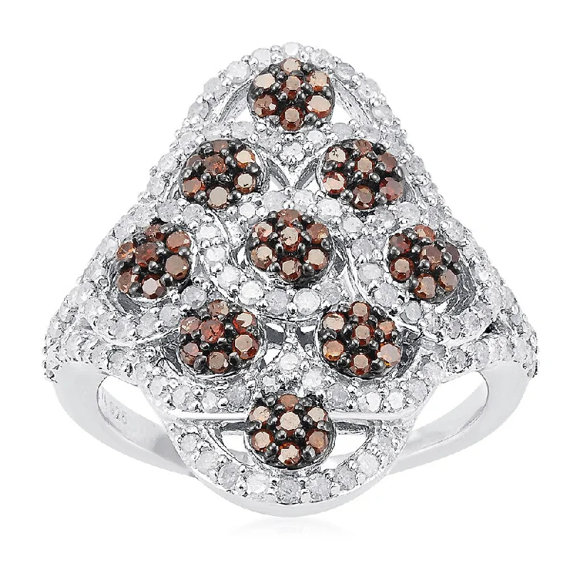 Sterling Silver 1. 1/4ct TDW Red Diamond and White Diamond Floral Ring