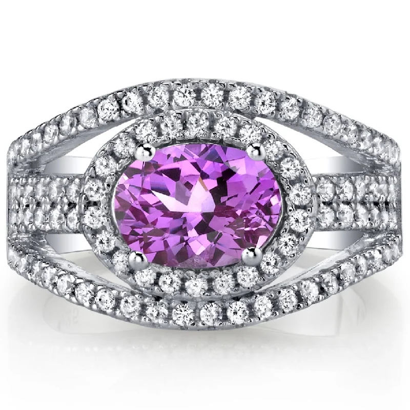 Sterling Silver 1.75 ct Created Pink Sapphire Halo Ring