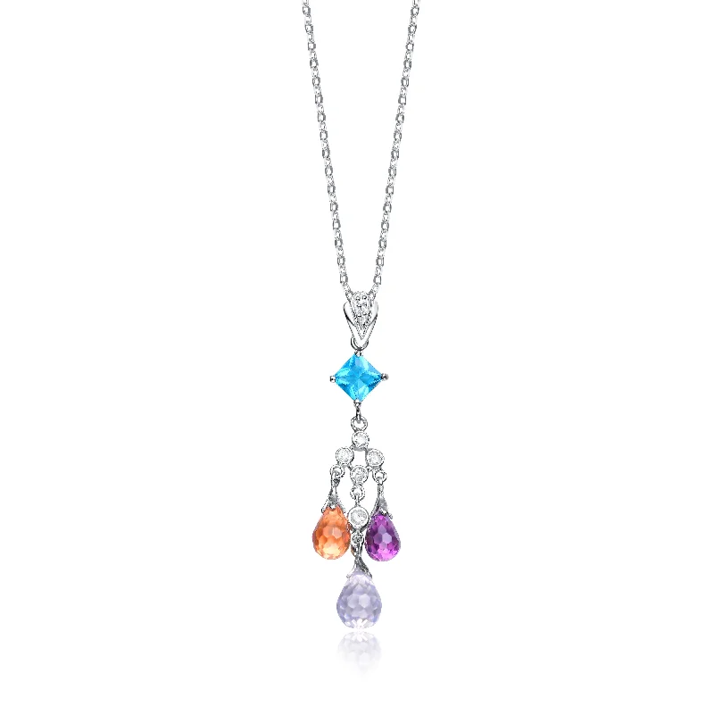 Sterling Silver Cubic Zirconia and Blue Orange and Purple Cubic Zirconia Dangling Pendant Necklace