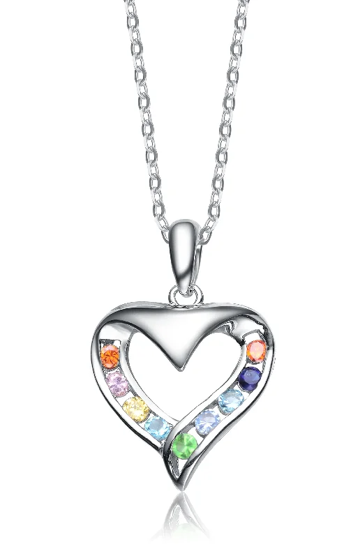 Sterling Silver Cubic Zirconia and Burnt Amber Blue White Green and Yellow Cubic Zirconia Heart Pendant Necklace