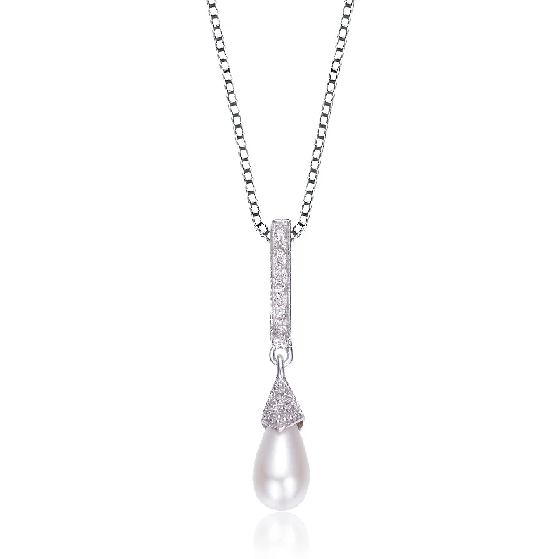 Sterling Silver Cubic Zirconia Gold Plating Clear and Cultured Pearl Dangling Pendant Necklace