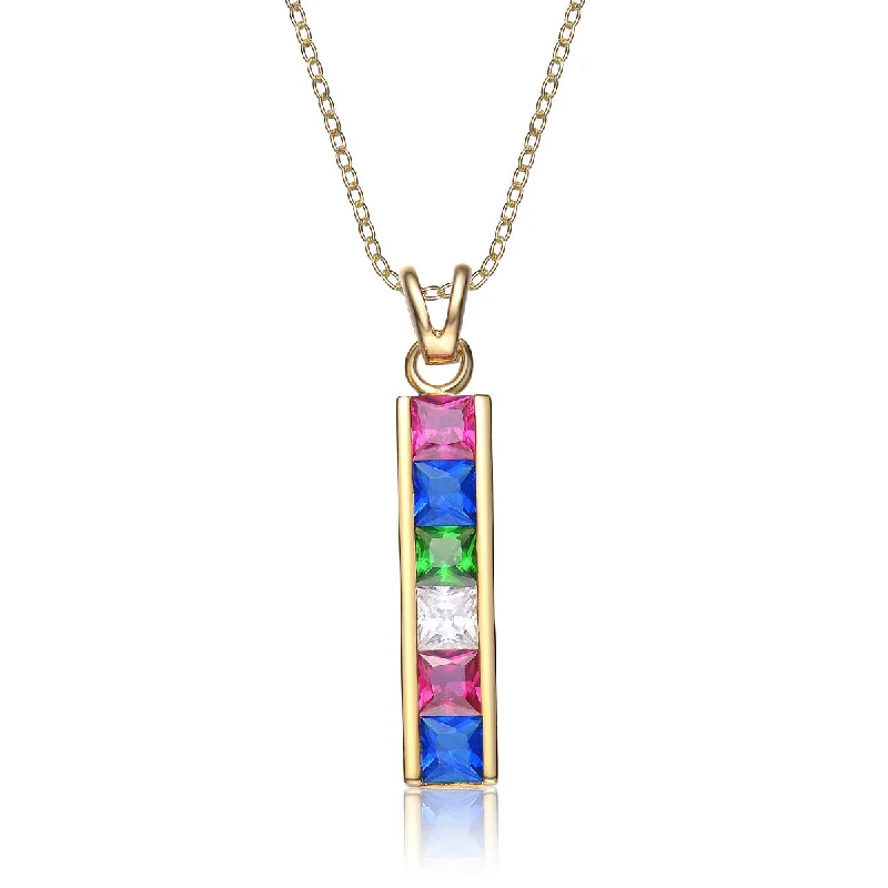 Sterling Silver Cubic Zirconia Gold Plating Clear and Pink Blue White and Green Cubic Zirconia Dangling Pendant Necklace