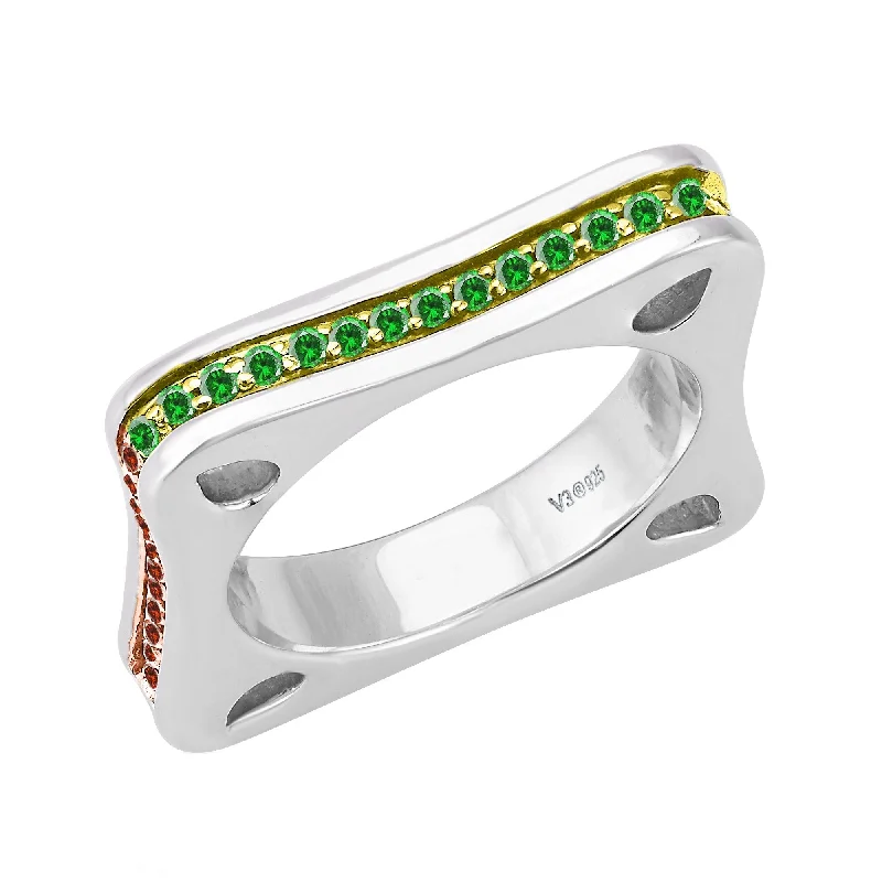 Sterling Silver Green Diamond, Red Diamond & Yellow Diamond Band Ring