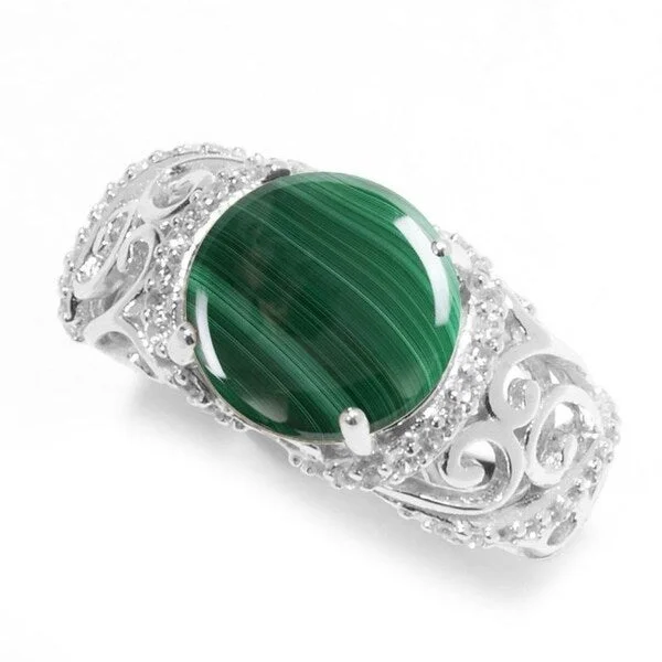 Sterling Silver Malachite & White Zircon Scrollwork Ring