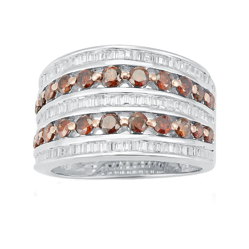 Sterling Silver Natural Red Diamond and White Diamond Wide Band Ring