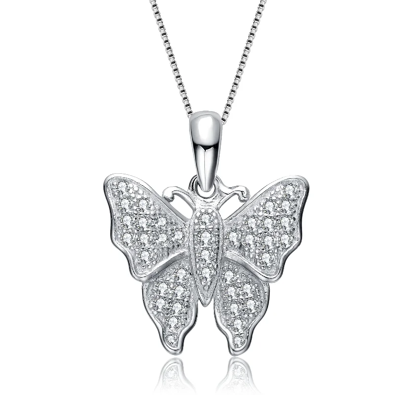 Sterling Silver White Cubic Zirconia Large Butterfly Pendant