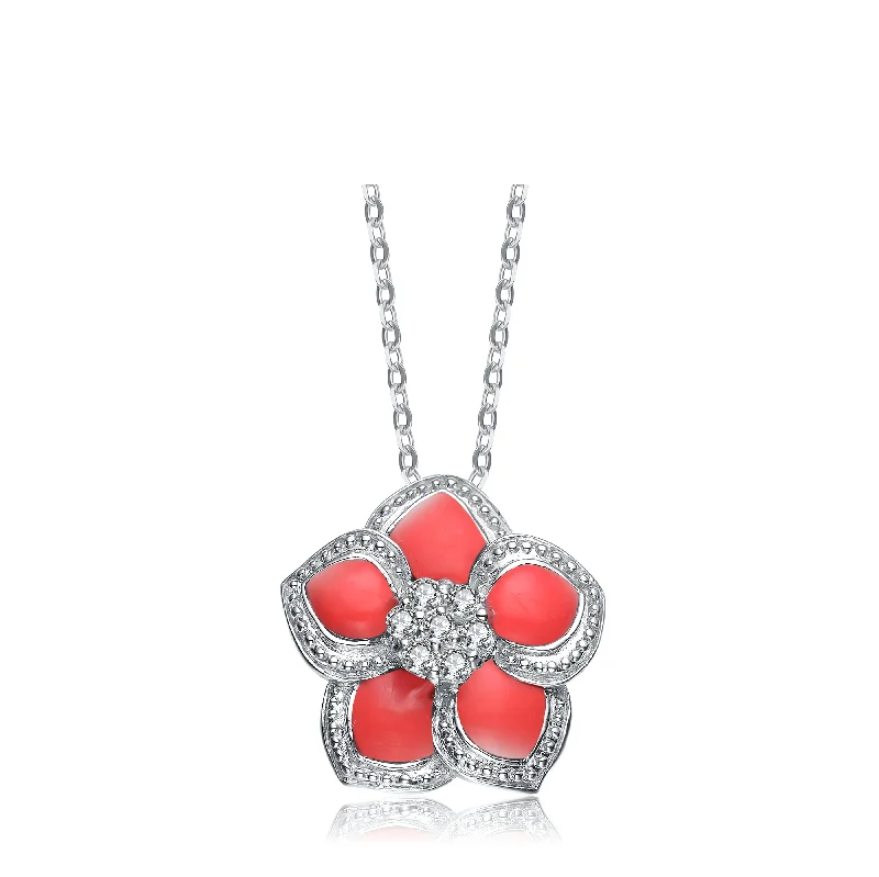 Sterling Silver White Cubic Zirconia Red Flower Pendant