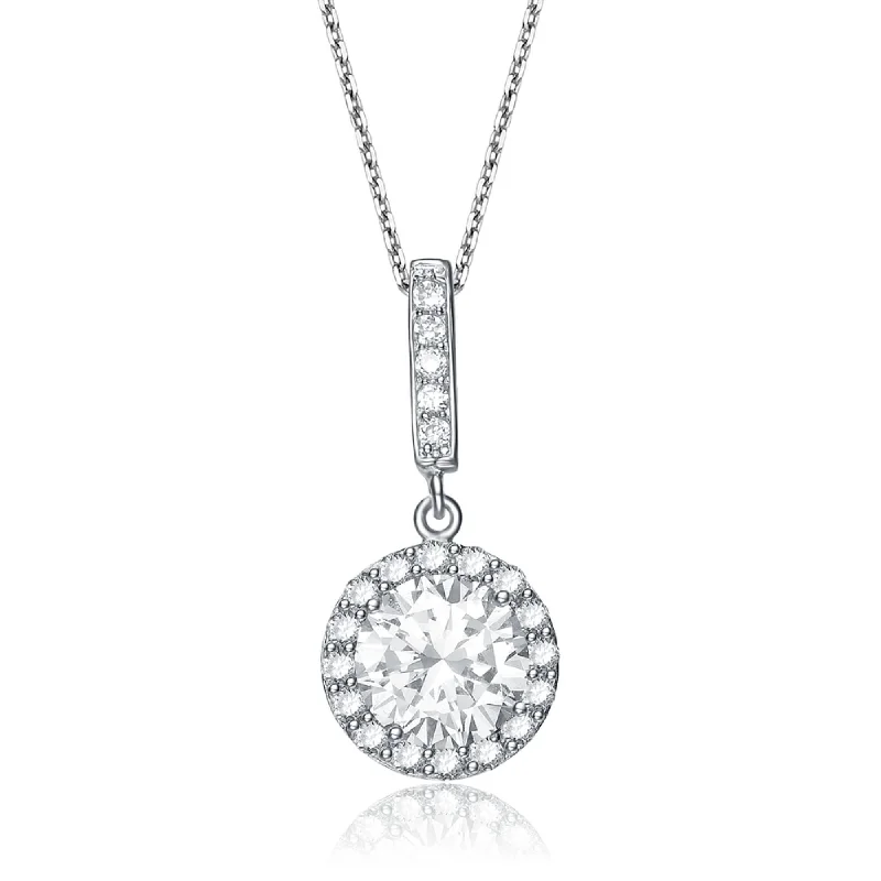 Sterling Silver White Gold Plated Cubic Zirconia Round Stud Style Drop Pendant