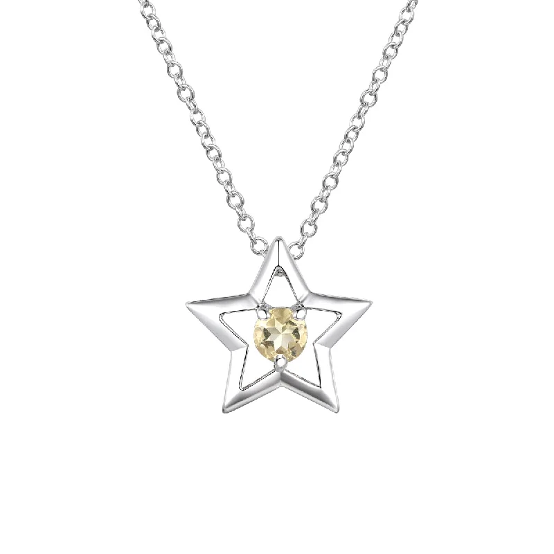 Sterling Silver White Gold Plated with Yellow Tourmaline Gemstone Star Pendant Necklace