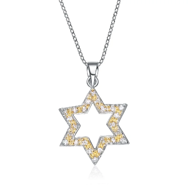 Sterling Silver White Gold Plated Yellow Cubic Zirconia Open Star Necklace