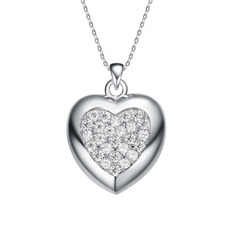 Sterling Silver White Gold Plating with Clear Heart Shaped Bezel Set Cubic Zirconia Pendant Necklace