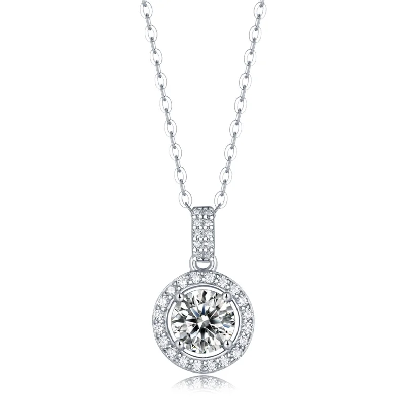 Sterling Silver with 1ctw Lab Created Moissanite Halo Cluster Drop Pendant Necklace