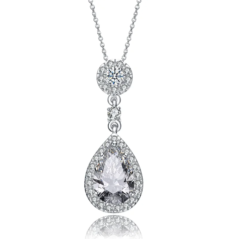 Sterling Silver with Cubic Zirconia Vintage Cluster Teardrop Pendant Necklace