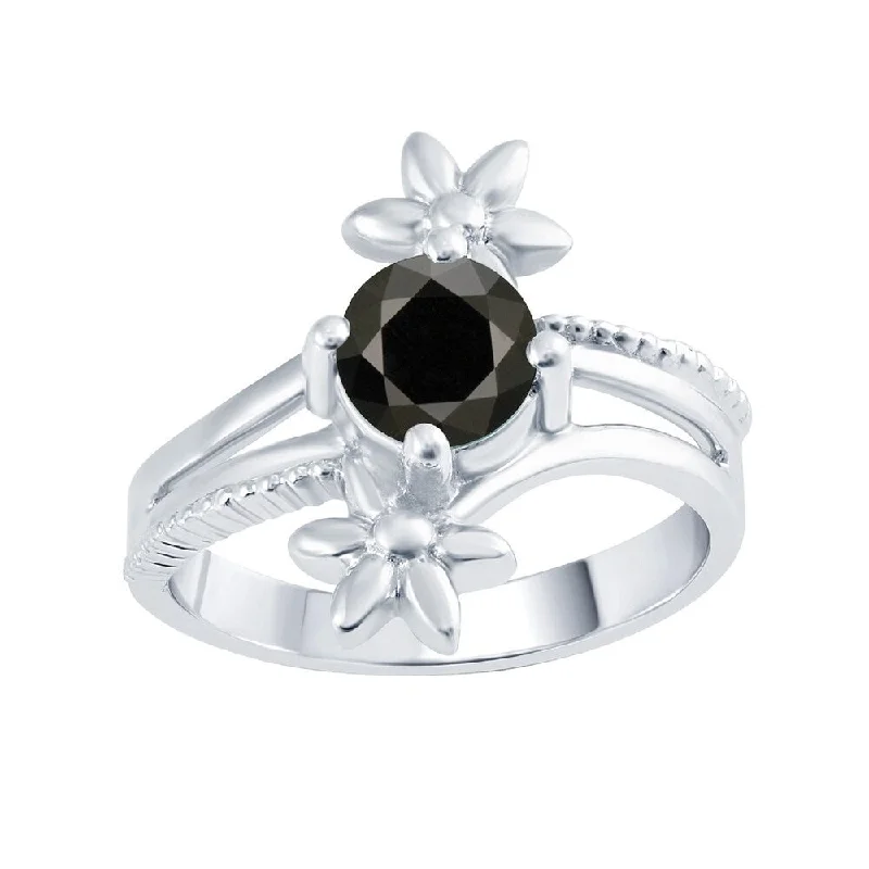 Sterling Silver with Genuine Black Diamond Solitaire Flower Ring