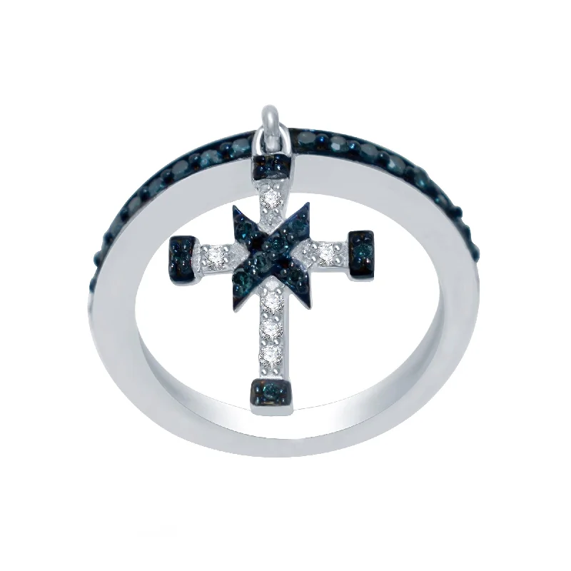 Sterling Silver with Genuine Blue and White Diamond Cross Charm Ring