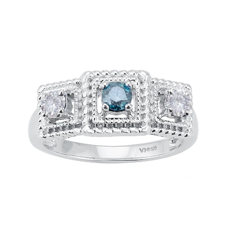 Sterling Silver with Genuine Blue Diamond and Moissanite Ring