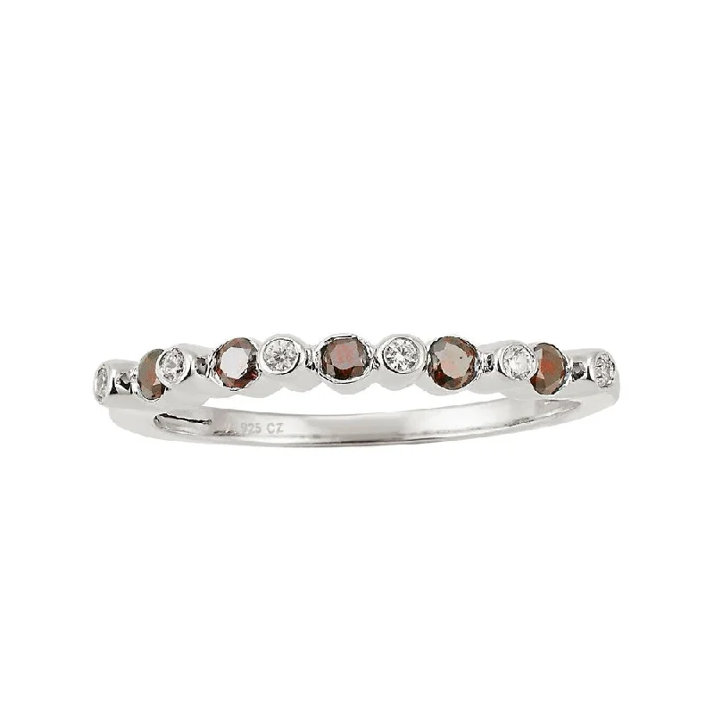 Sterling Silver with Genuine White Diamond and Red Diamond Band Ring