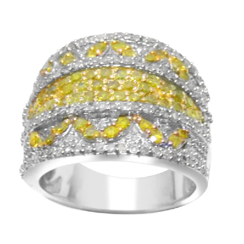 Sterling Silver with Genuine Yellow and White Diamond Wide Band Ring