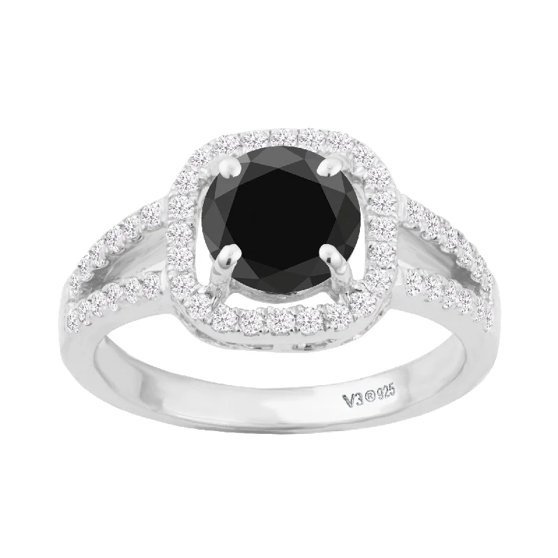 Sterling Silver with Natural Black Diamond and White Diamond Halo Ring