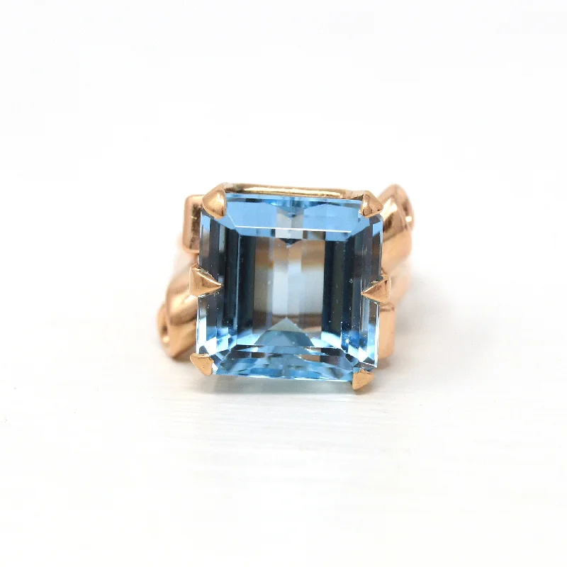 Sale - Vintage Aquamarine Ring - 1940s Retro 14k Rose Gold Square Cut 15.68 CT Blue Gem - Mid Century Size 8 1/4 Ribbon Cocktail 40s Jewelry