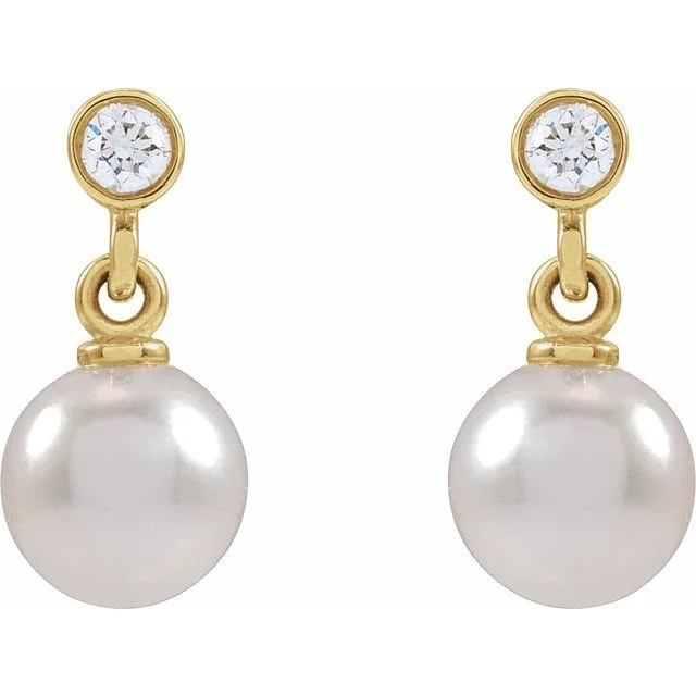 14K Yellow Cultured White Akoya Pearl & Natural Diamond Dangle Earrings