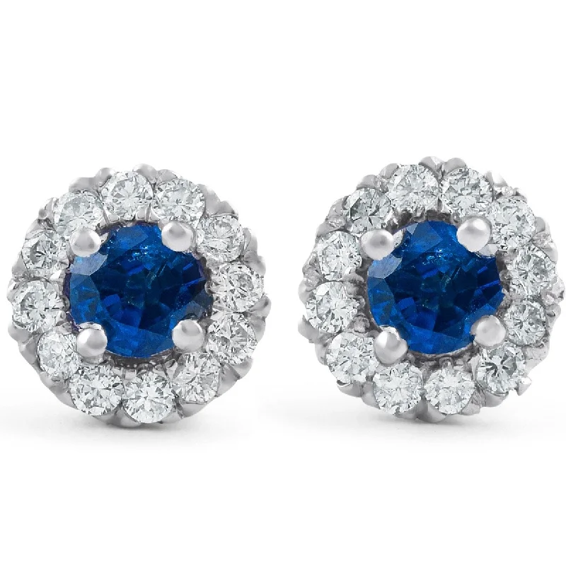 1ct Halo Blue Sapphire Round Cut Diamond Studs 14k White Gold