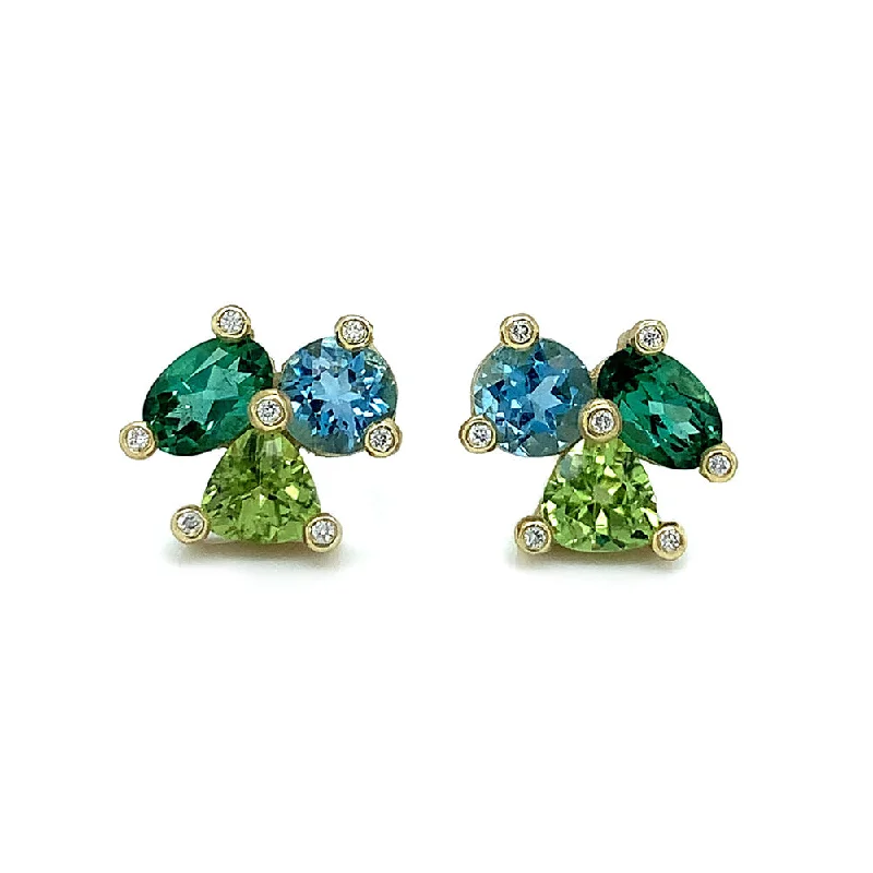 Aquamarine, Green Topaz, and Peridot Studs - "Clover"