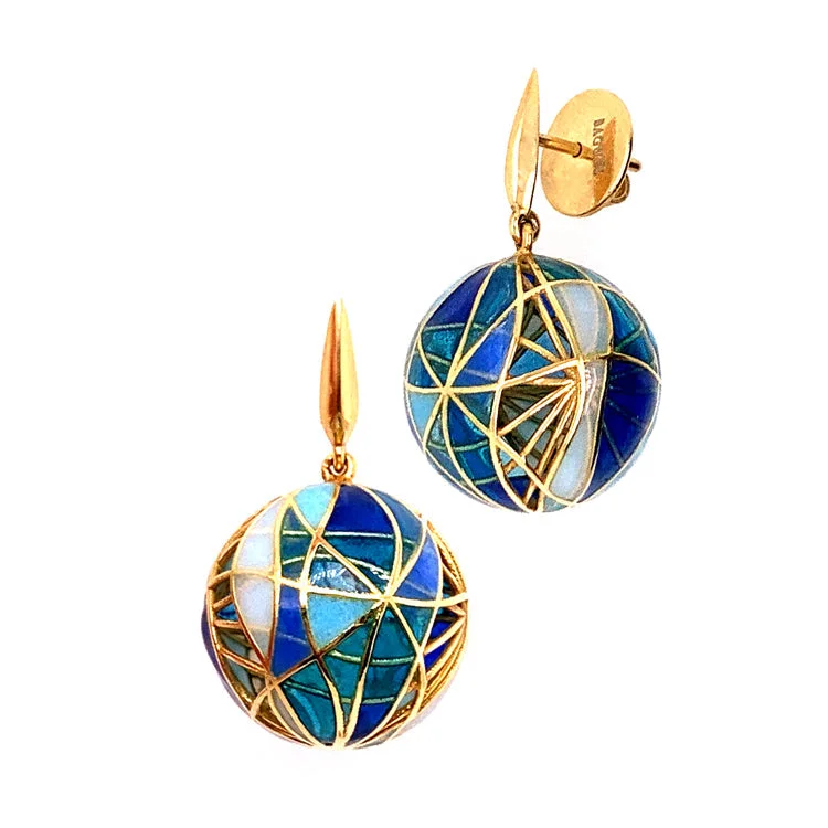 Yellow Gold and Fired Enamel Orb Earrings - "Blue Barcelona"