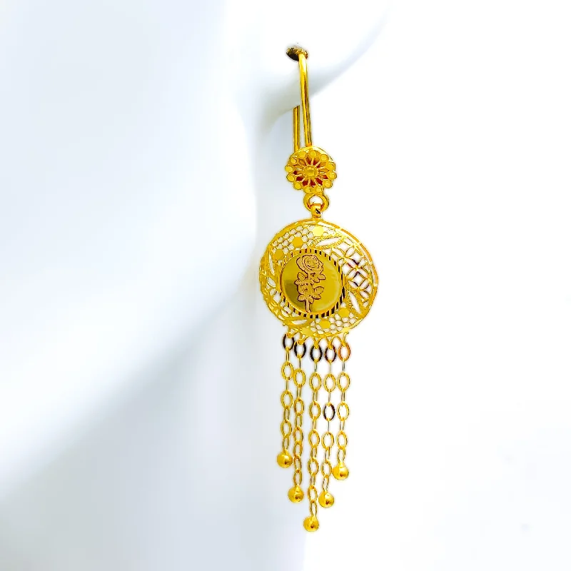 Chic Floral Mesh 21k Gold Coin Hanging Earrings