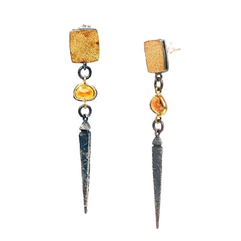 Freeform Rose Cut Citrine Drop Earrings - "Vetus Sunshine"