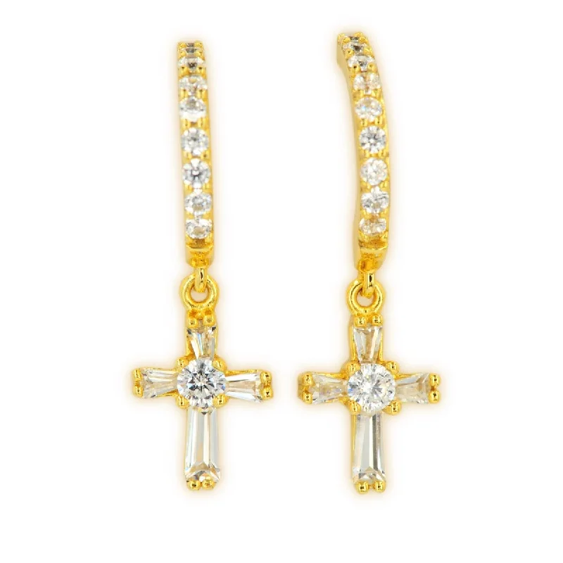 SILVER AND CZ CROSS EARRINGS