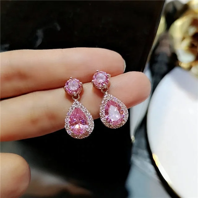 Cubic Zirconia Drop Earrings Pink