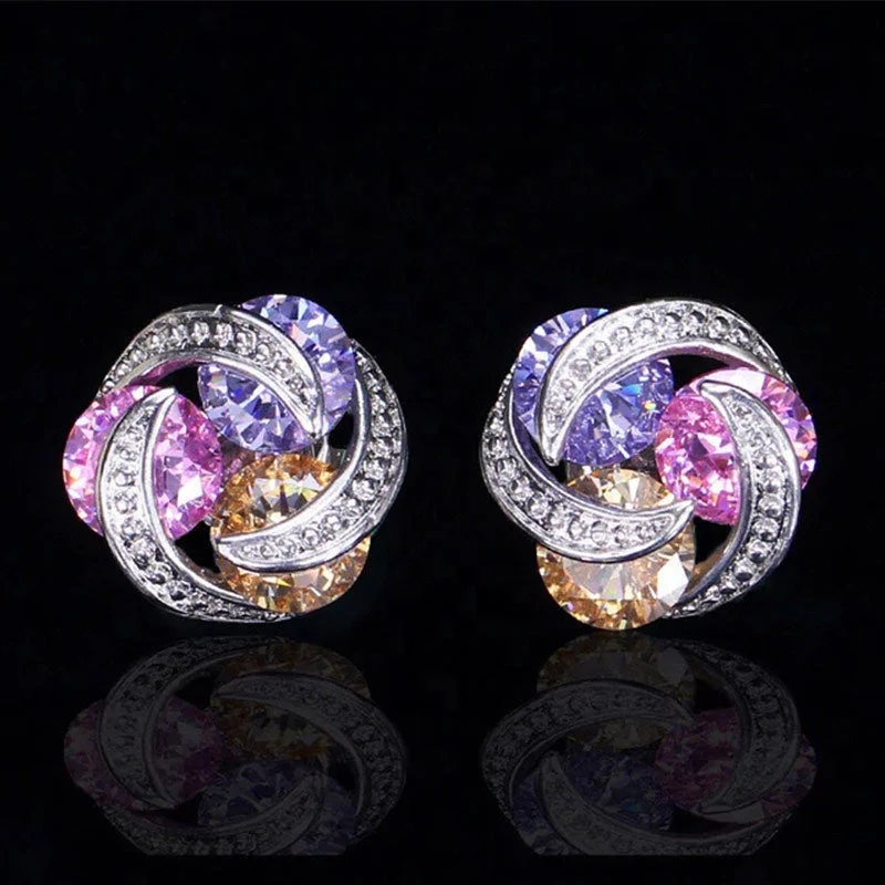 Multicolour CZ Crystal Stud Earrings - Purple Pink Champagne