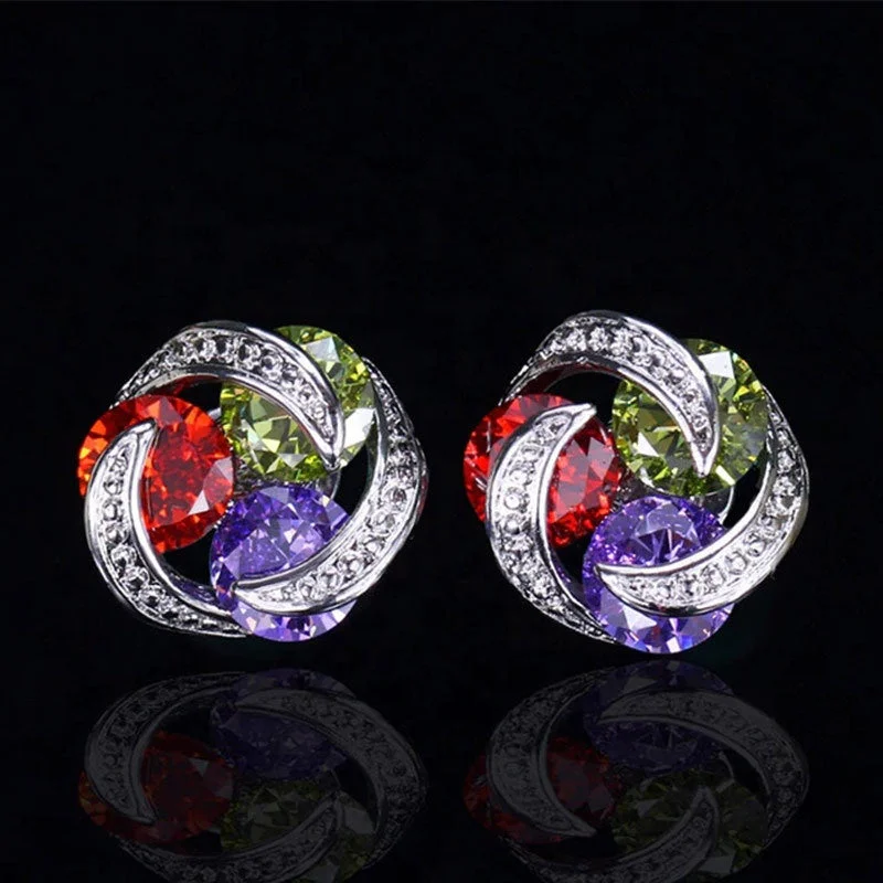 Multicolour CZ Crystal Stud Earrings - Red Green Purple