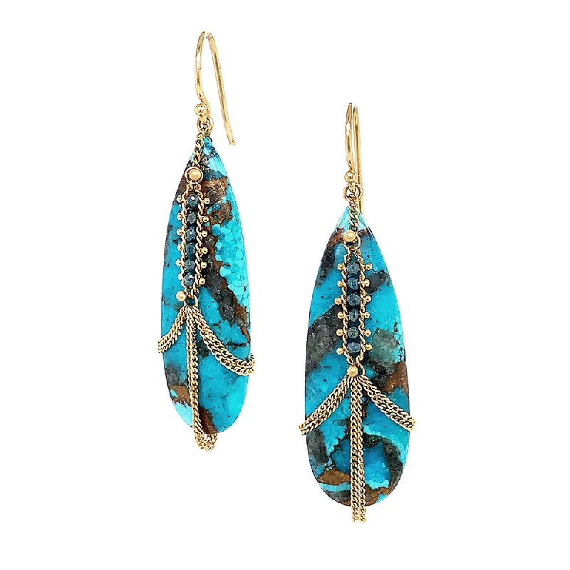 One-of-a-Kind Copper Turquoise & Blue Diamond Draped Earrings - "Narmada"