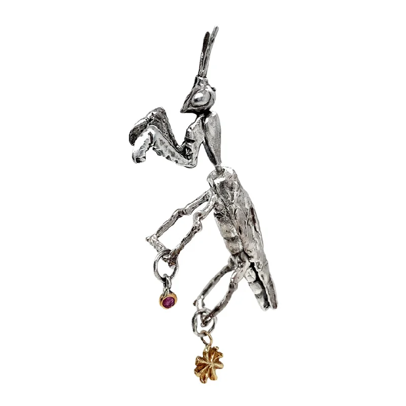 Sterling Silver & 14K Yellow Gold Praying Mantis Earring - "Mantodea"