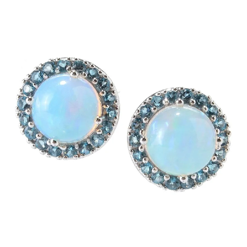 Sterling Silver Ethiopian Opal 10mm Round & Londan Blue Topaz Halo Studs - White