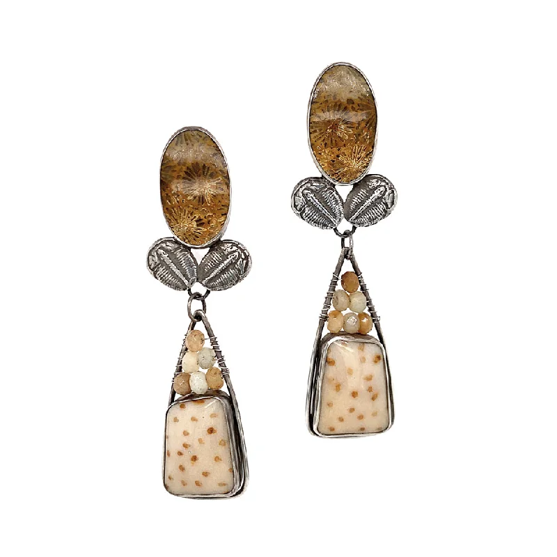 Sterling Silver, Fossilized Coral, Agate, & Palm Wood Earrings -  "Harvest Moon"