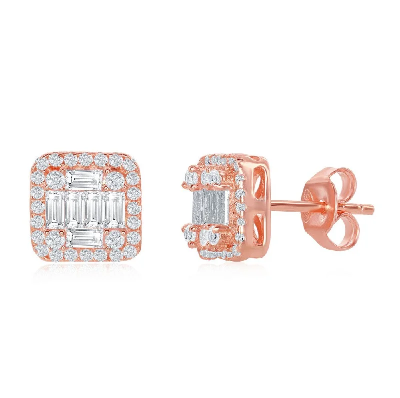 Sterling Silver Square Baguette CZ Stud Earrings - White, Rose Or Yellow Plated