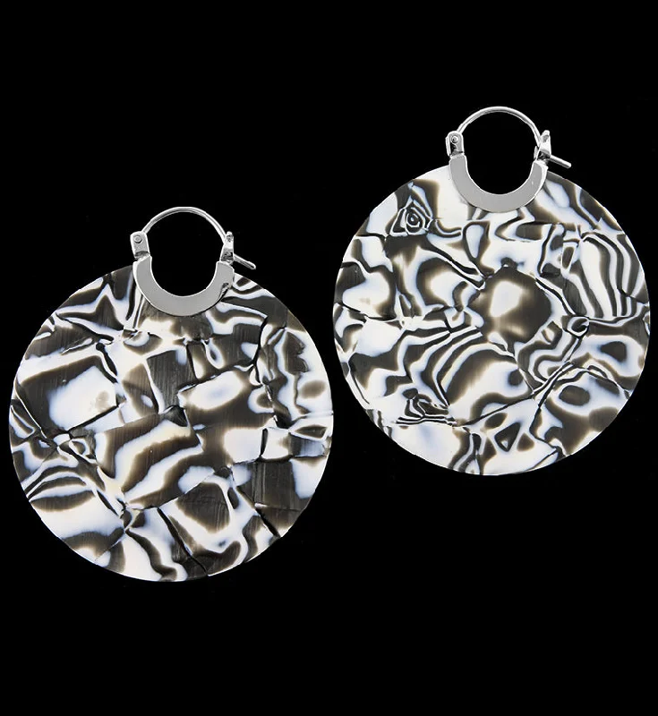 14G Black & White Schizo Acetate Disk Earrings