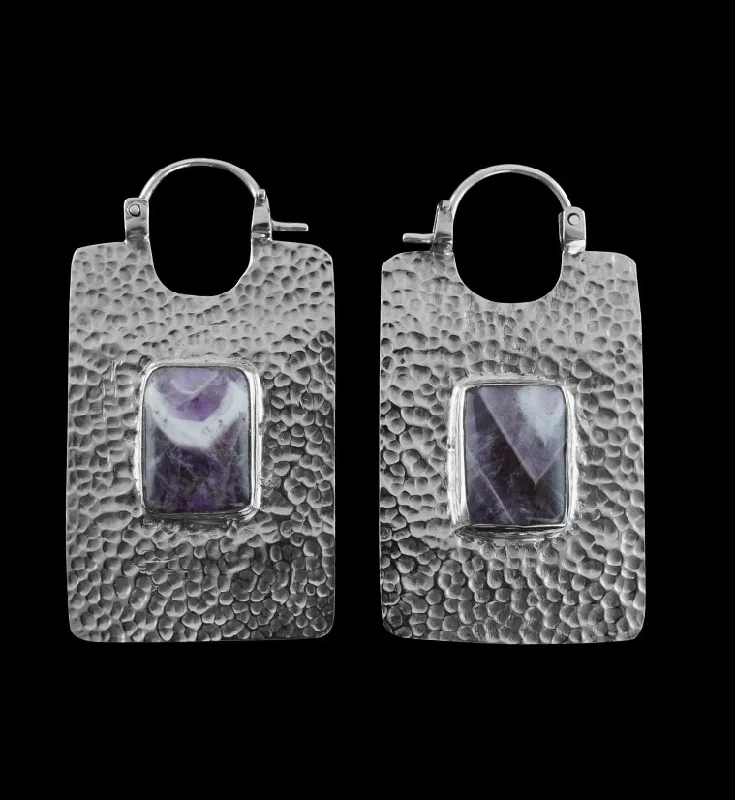 14G Obverse Amethyst Stone White Brass Hangers - Earrings