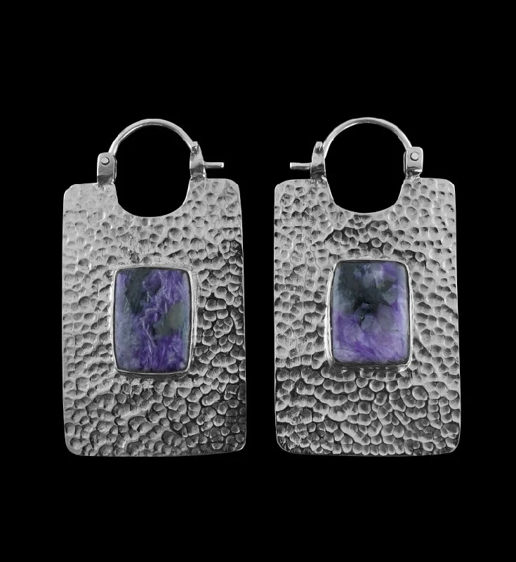 14G Obverse Charoite Stone White Brass Hangers - Earrings