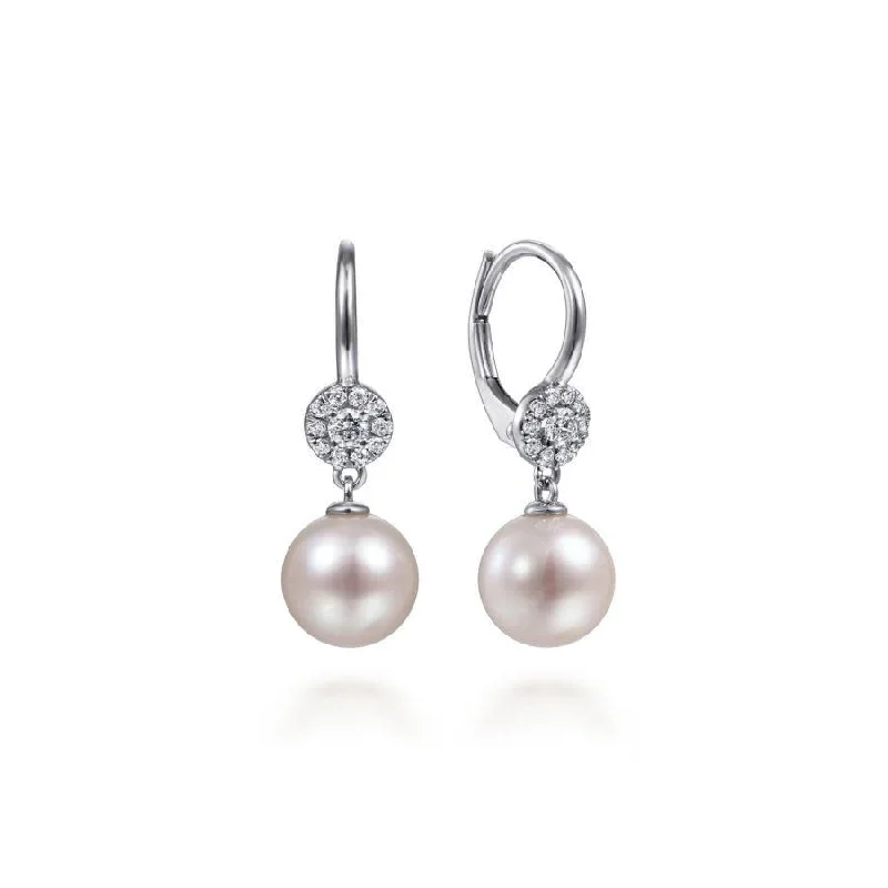 14K White Gold Cluster Diamond Disc and Pearl Drop Earrings