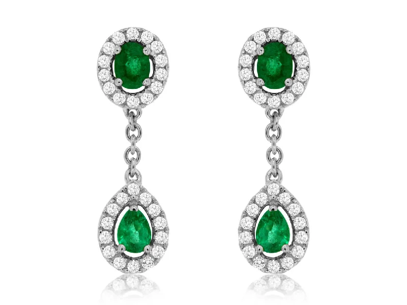 14K White Gold Emerald and Diamond Dangle Earrings