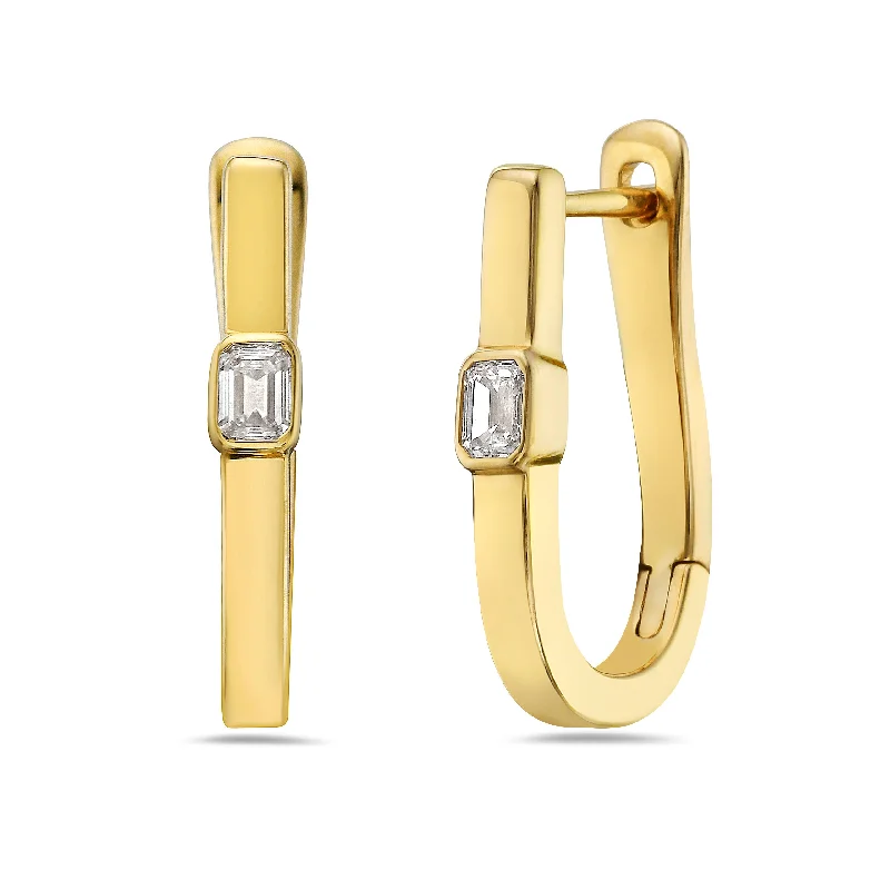 14K Yellow Gold Bezel Set Emerald Diamond Huggie Earrings