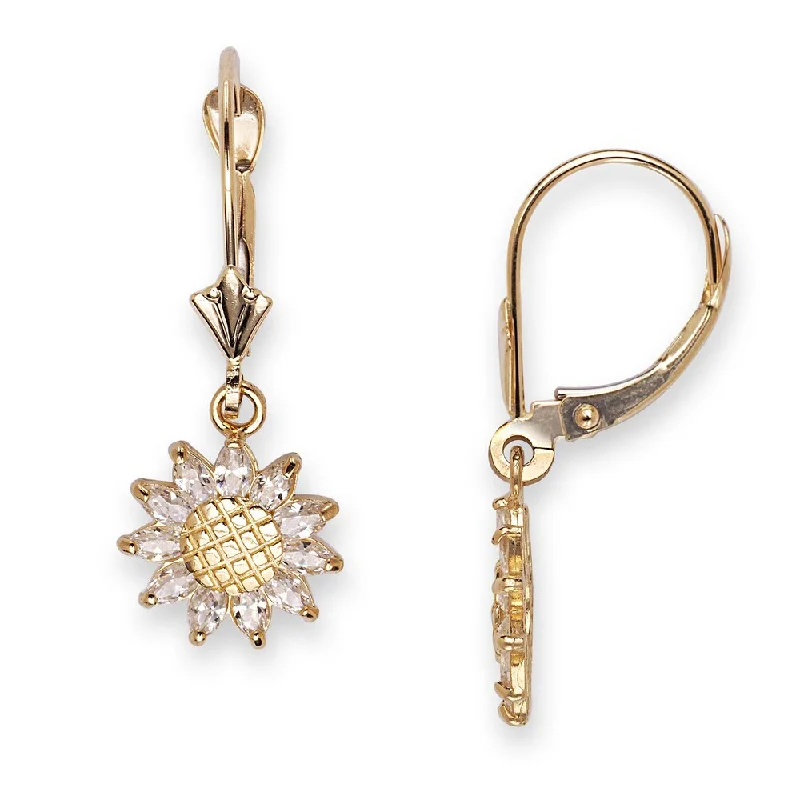 14k Yellow Gold Cubic Zirconia Sunflower Leverback Dangle Earrings