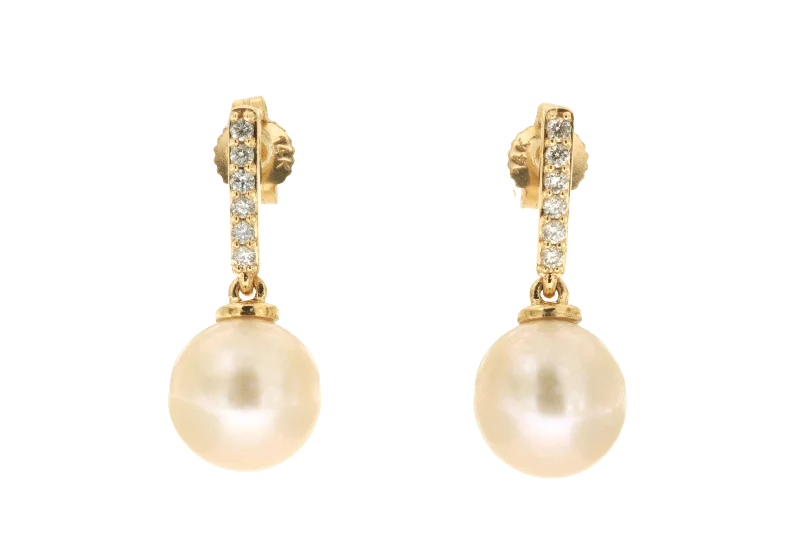 14K Yellow Gold Diamond and Pearl Drop Earrings