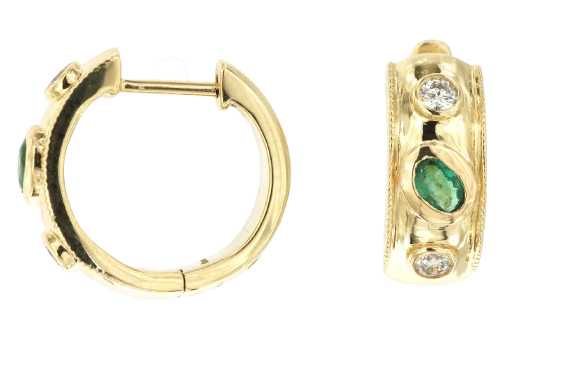 14K Yellow Gold Emerald and Diamond Huggie Earring